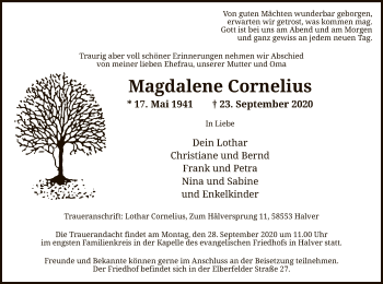 Todesanzeige von Magdalene Cornelius von WA