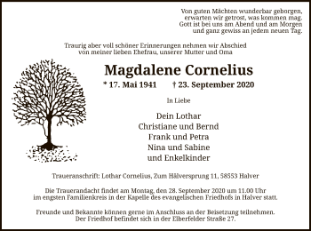 Todesanzeige von Magdalene Cornelius von WA