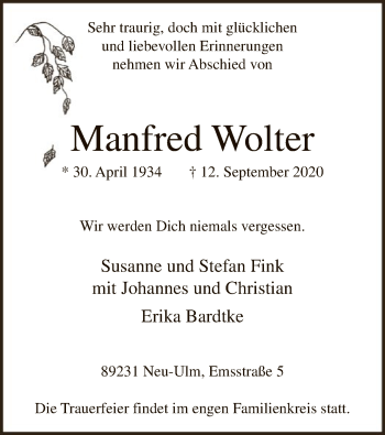 Todesanzeige von Manfred Wolter von WA