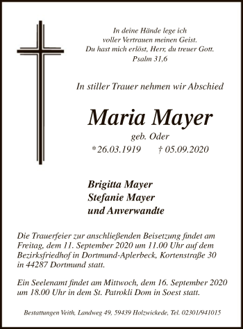 Todesanzeige von Maria Mayer von WA