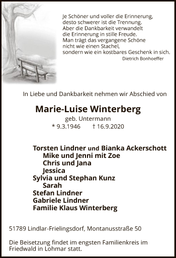 Todesanzeige von Marie-Luise Winterberg von WA