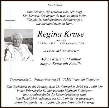 Todesanzeige von Regina Kruse von WA