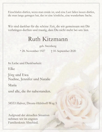 Todesanzeige von Ruth Kitzmann von WA