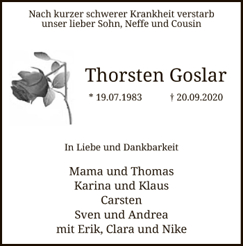 Todesanzeige von Thorsten Goslar von WA