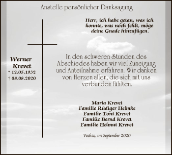 Todesanzeige von Werner krevet von WA
