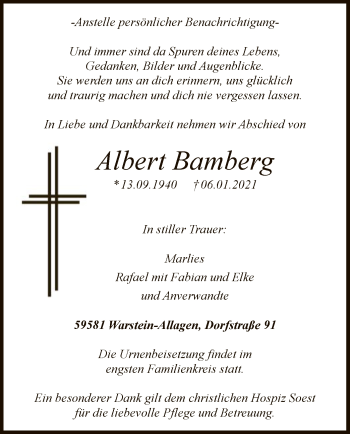 Todesanzeige von Albert Bamberg von WA
