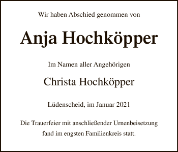 Todesanzeige von Anja Hochköpper von WA
