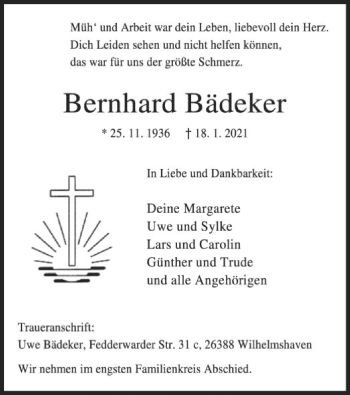 Todesanzeige von Bernhard Bädeker von WA