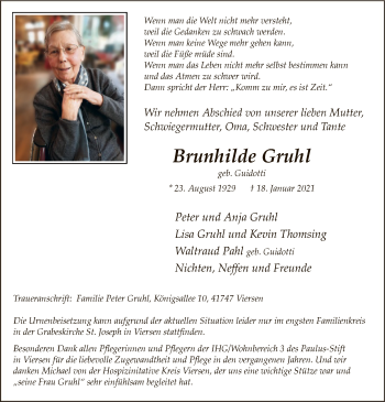Todesanzeige von Brunhilde Gruhl von WA
