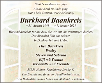 Todesanzeige von Burkhard Baankreis von WA