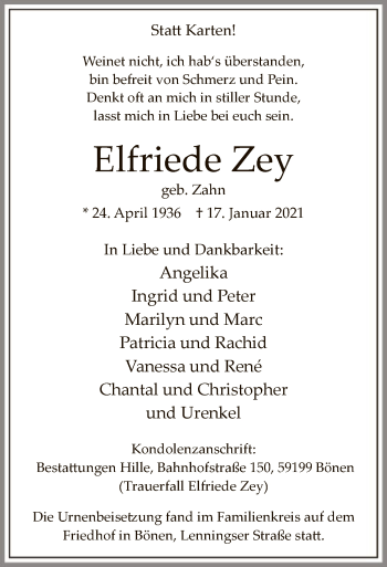 Todesanzeige von Elfriede Zey von WA