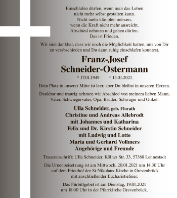 Todesanzeige von Franz-Josef Schneider-Ostermann von WA