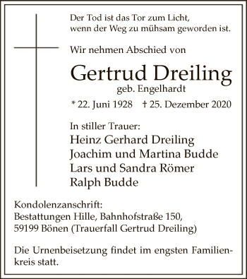 Todesanzeige von Gertrud Dreiling von WA