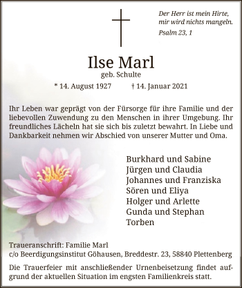 Todesanzeige von Ilse Marl von WA