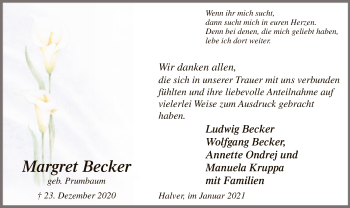 Todesanzeige von Margret Becker von WA