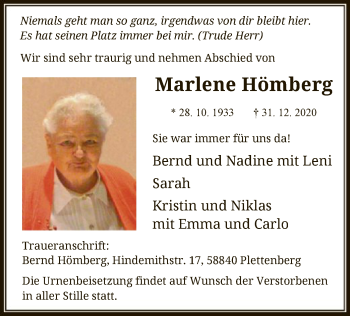 Todesanzeige von Marlene Hömberg von WA