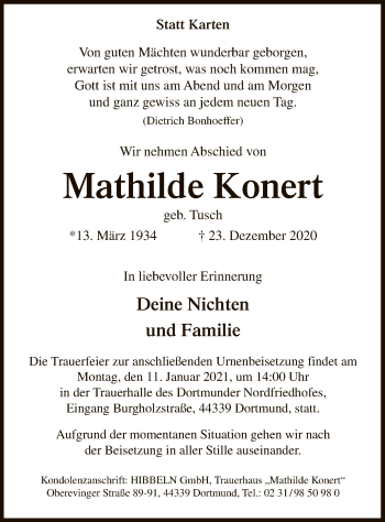 Todesanzeige von Mathilde Konert von WA