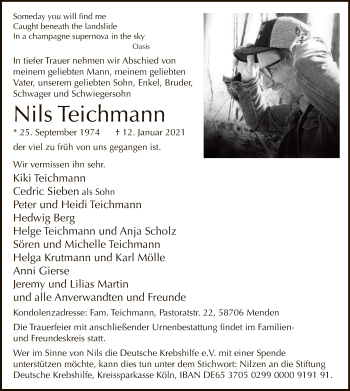 Todesanzeige von Nils Teichmann von WA