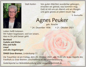 Todesanzeige von Agnes Peuker von WA