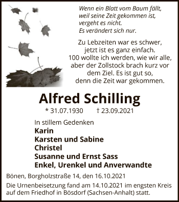 Todesanzeige von Alfred Schilling von WA