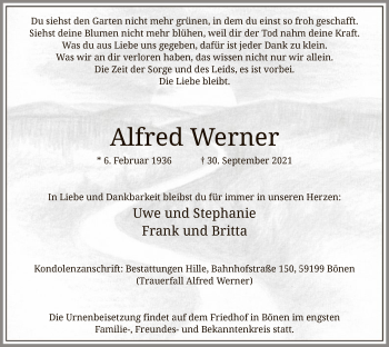 Todesanzeige von Alfred Werner von WA