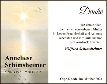 Todesanzeige von Anneliese Schimsheimer von WA
