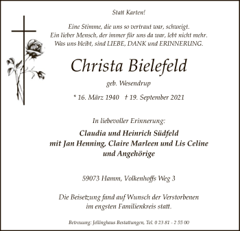 Todesanzeige von Christa Bielefeld von WA