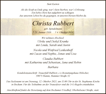 Todesanzeige von Christa Rubbert von WA