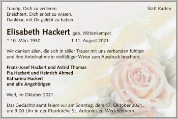 Todesanzeige von Elisabeth Hackert von WA