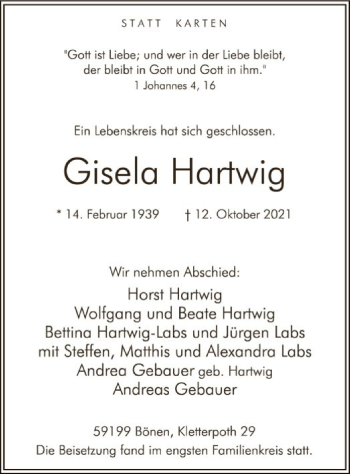 Todesanzeige von Gisela Hartwig von WA