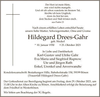 Todesanzeige von Hildegard Drees-Gahr von WA
