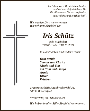 Todesanzeige von Iris Schütz von WA