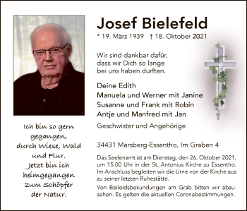Todesanzeige von Josef Bielefeld von WA