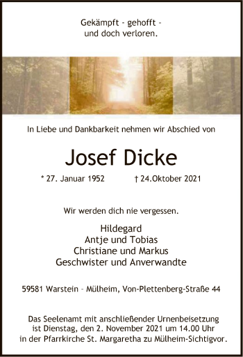 Todesanzeige von Josef Dicke von WA