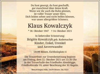 Todesanzeige von Klaus Kowalczyk von WA