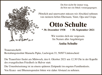 Todesanzeige von Otto Schulte von WA