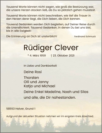 Todesanzeige von Rüdiger Clever von WA