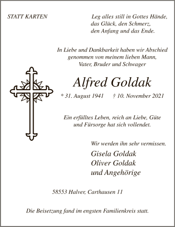 Todesanzeige von Alfred Goldak von WA