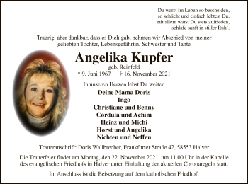 Todesanzeige von Angelika Kupfer von WA