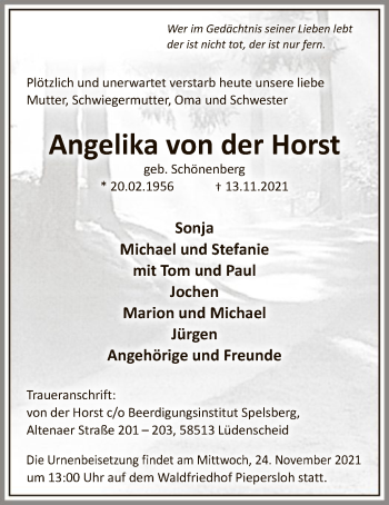 Todesanzeige von Angelika von der Horst von WA