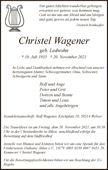 Todesanzeige von Christel Wagener von WA
