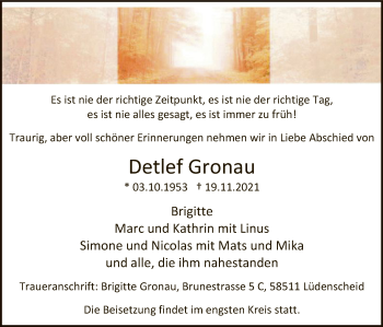 Todesanzeige von Detlef Gronau von WA
