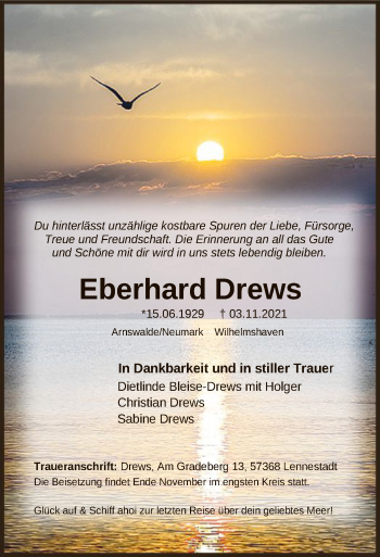 Todesanzeige von Eberhard Drews von WA