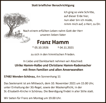 Todesanzeige von Franz Hamm von WA