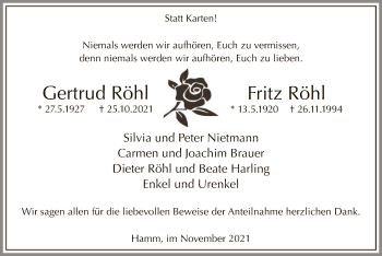 Todesanzeige von Gertrud und Fritz  Röhl von WA