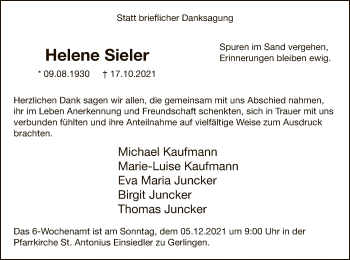 Todesanzeige von Helene Sieler von WA