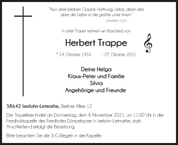 Todesanzeige von Herbert Trappe von WA