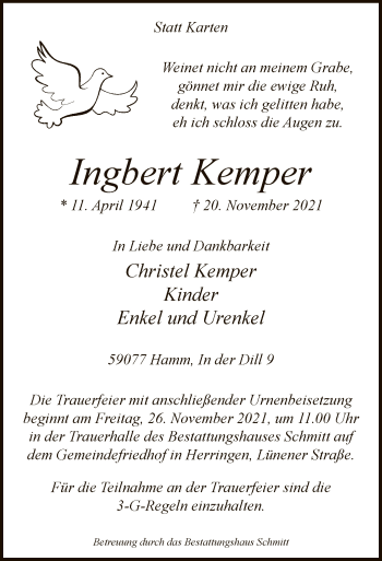 Todesanzeige von Ingbert Kemper von WA