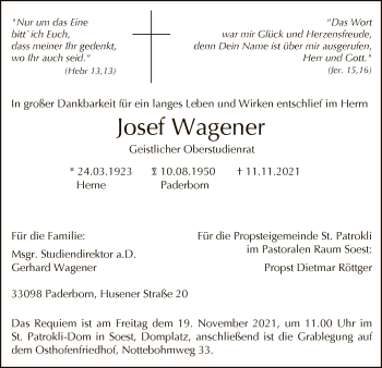 Todesanzeige von Josef Wagener von WA
