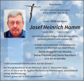 Todesanzeige von Josef Heinrich Hamm von WA
